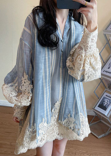 Dress Oversized Shirt Blue Sleeve Patchwork Modern Lantern FashionChic
