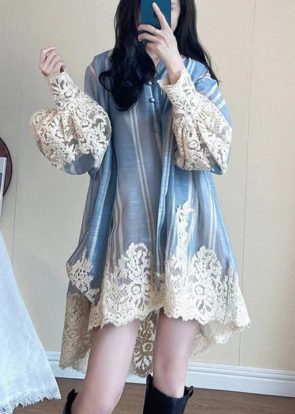 Dress Oversized Shirt Blue Sleeve Patchwork Modern Lantern FashionChic