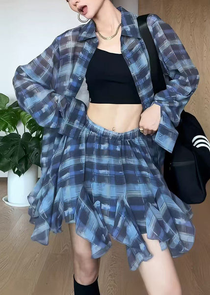 Chiffon Piece Outfits Summer Two Set Blue Plaid Modern Oversized FashionChic