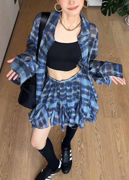 Chiffon Piece Outfits Summer Two Set Blue Plaid Modern Oversized FashionChic