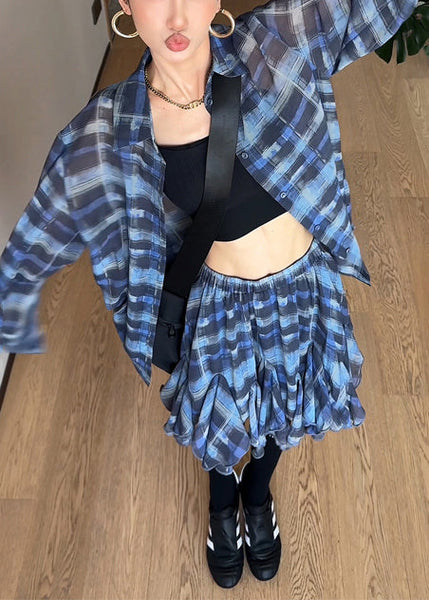 Chiffon Piece Outfits Summer Two Set Blue Plaid Modern Oversized FashionChic