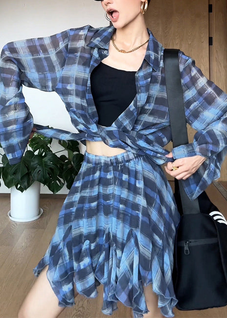 Chiffon Piece Outfits Summer Two Set Blue Plaid Modern Oversized FashionChic