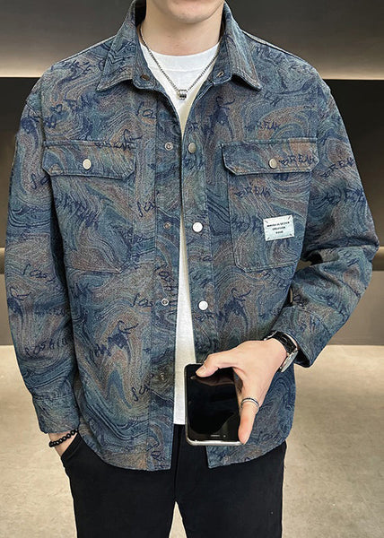 Blue TC050 Denim Spring Modern Button Peter Collar Men Coat Pan