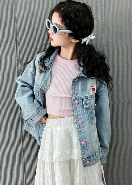 Modern Blue Pockets Button Bow Girls Denim Coat Fall QV042 MM-RCTZCGTS241026