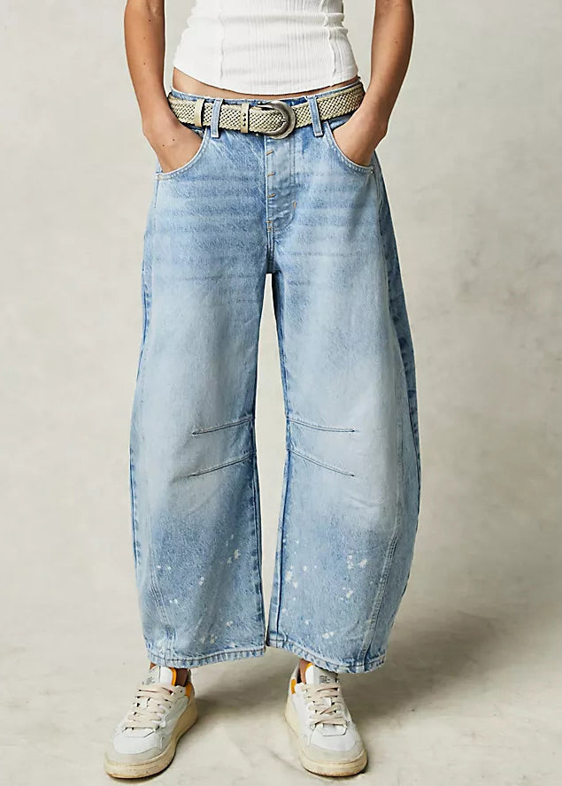 Waist Denim Pants Modern Blue Crop High Summer Pockets FashionChic