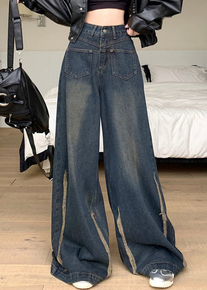 Modern Blue Pockets High Waist Denim Wide Leg Pants Fall PP041 OM-NZ240827
