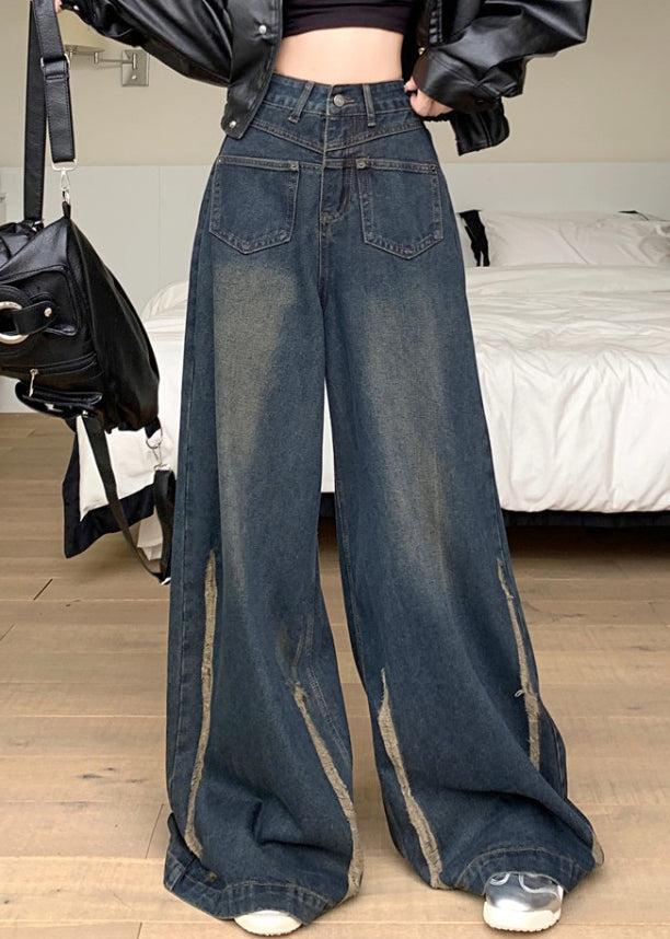 Modern Blue Pockets High Waist Denim Wide Leg Pants Fall PP041 OM-NZ240827