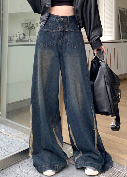 Modern Blue Pockets High Waist Denim Wide Leg Pants Fall PP041 OM-NZ240827