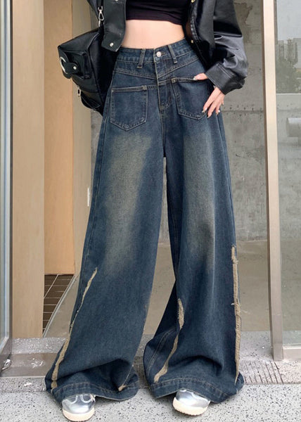 Modern Blue Pockets High Waist Denim Wide Leg Pants Fall PP041 OM-NZ240827