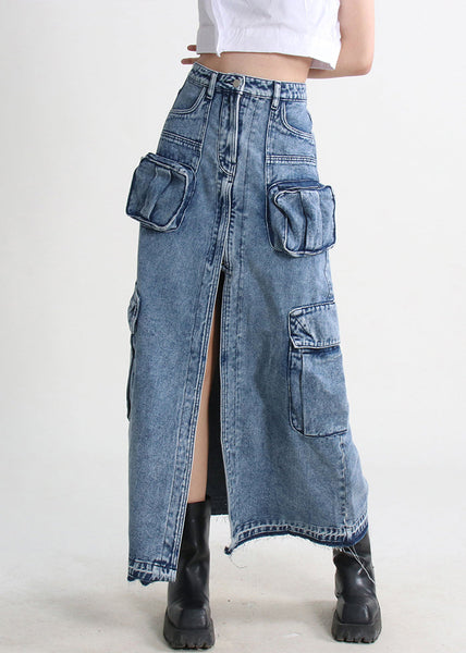 Denim Blue Summer Open Pockets Modern Skirt Side FashionChic