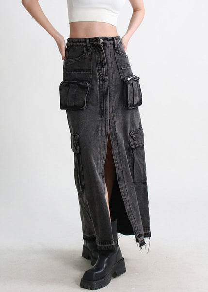 Denim Blue Summer Open Pockets Modern Skirt Side FashionChic