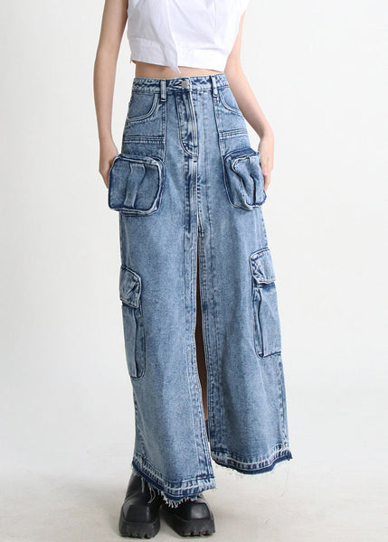 Denim Blue Summer Open Pockets Modern Skirt Side FashionChic