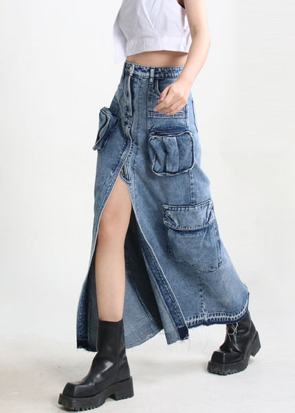 Denim Blue Summer Open Pockets Modern Skirt Side FashionChic