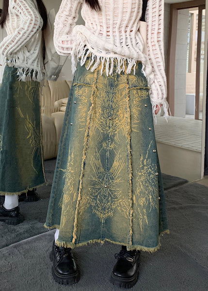 Modern Blue Print Pockets Denim A Line Skirts Fall AW1005 OM-NZ240827