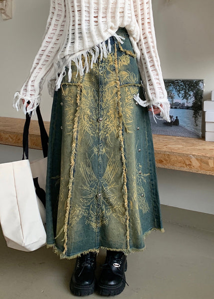 Modern Blue Print Pockets Denim A Line Skirts Fall AW1005 OM-NZ240827