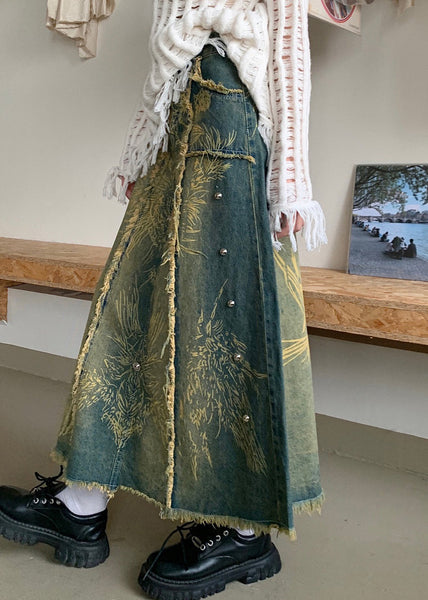 Modern Blue Print Pockets Denim A Line Skirts Fall AW1005 OM-NZ240827