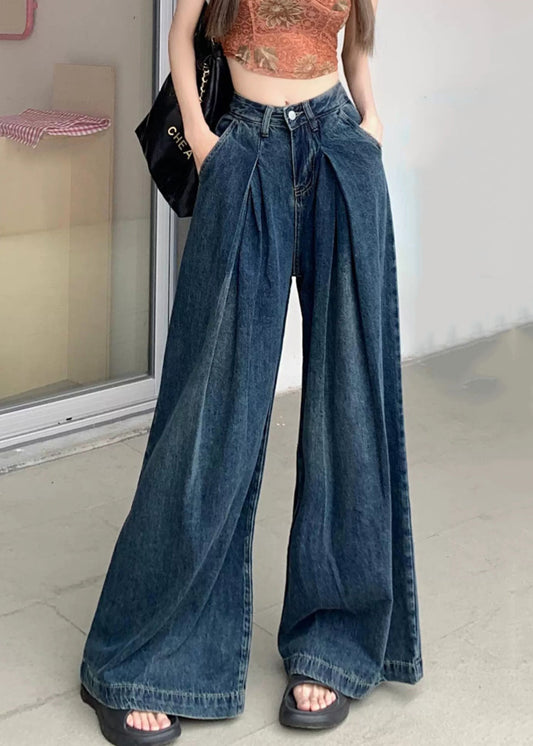 Modern Blue Wrinkled Pockets Denim Wide Leg Pants Summer PP010 OM-NZ240827