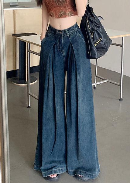 Modern Blue Wrinkled Pockets Denim Wide Leg Pants Summer PP010 OM-NZ240827