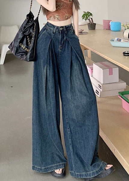 Modern Blue Wrinkled Pockets Denim Wide Leg Pants Summer PP010 OM-NZ240827