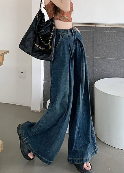 Modern Blue Wrinkled Pockets Denim Wide Leg Pants Summer PP010 OM-NZ240827