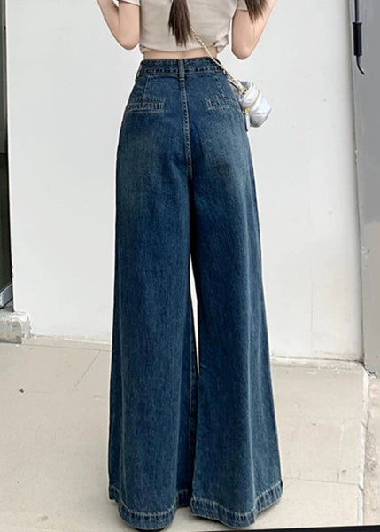 Modern Blue Wrinkled Pockets Denim Wide Leg Pants Summer PP010 OM-NZ240827