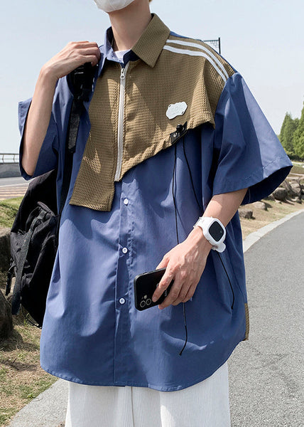 Shirts Cotton Half Sleeve Blue Mens Patchwork Zippered Modern FashionChic