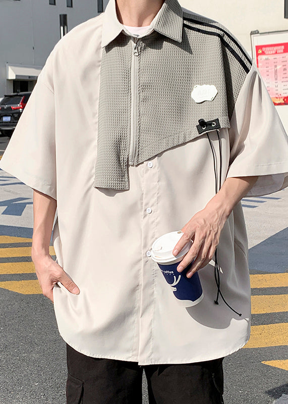 Shirts Cotton Half Sleeve Blue Mens Patchwork Zippered Modern FashionChic