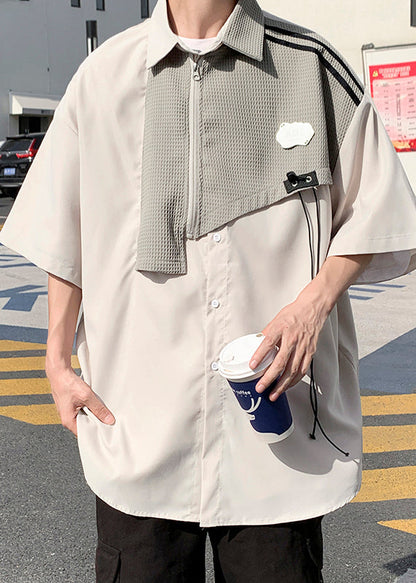 Shirts Cotton Half Sleeve Blue Mens Patchwork Zippered Modern FashionChic