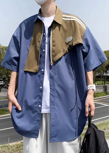 Shirts Cotton Half Sleeve Blue Mens Patchwork Zippered Modern FashionChic