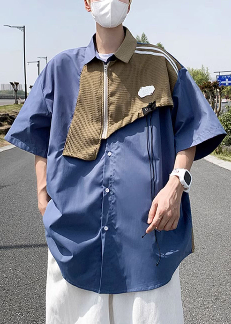 Shirts Cotton Half Sleeve Blue Mens Patchwork Zippered Modern FashionChic