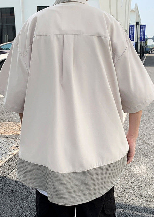 Shirts Cotton Half Sleeve Blue Mens Patchwork Zippered Modern FashionChic