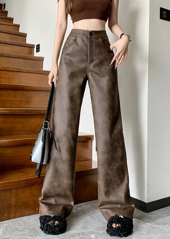 Modern Brown Pockets High Waist Faux Leather Pants Fall ER016 ABC