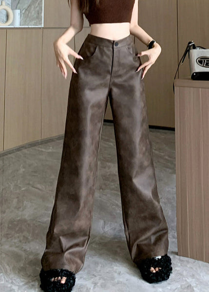Modern Brown Pockets High Waist Faux Leather Pants Fall ER016 ABC