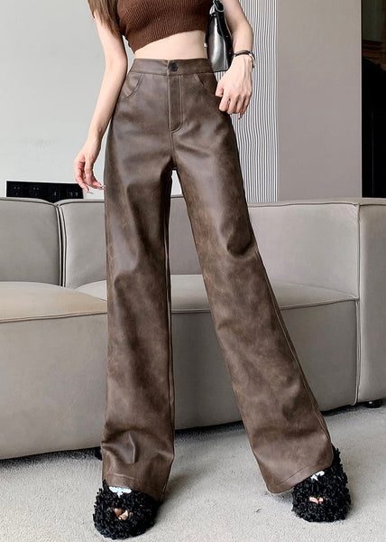 Modern Brown Pockets High Waist Faux Leather Pants Fall ER016 ABC