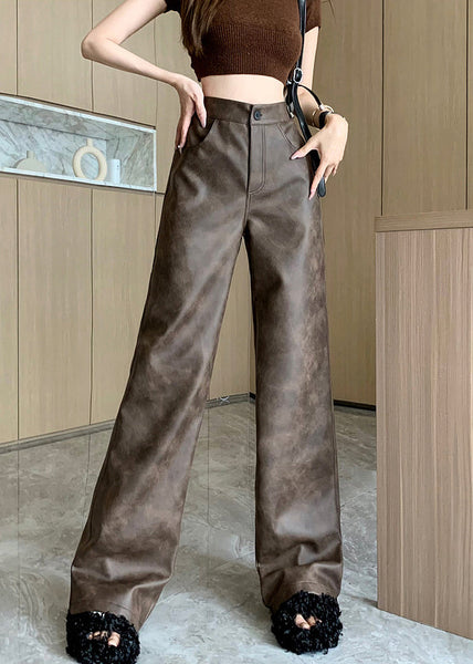 Modern Brown Pockets High Waist Faux Leather Pants Fall ER016 ABC