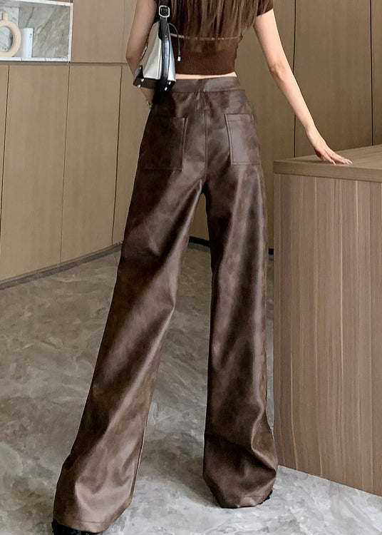 Modern Brown Pockets High Waist Faux Leather Pants Fall ER016 ABC