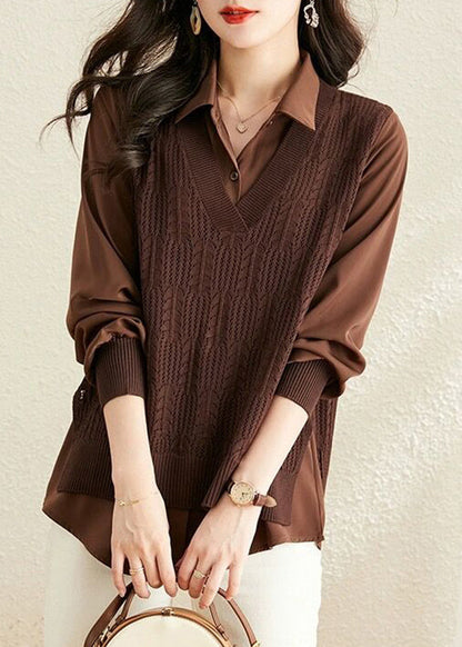 Modern Caramel Peter Pan Collar Patchwork Knit Fake Two Piece Shirts Fall OO045 OM-CS240814