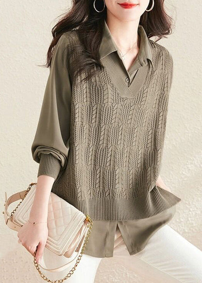 Modern Caramel Peter Pan Collar Patchwork Knit Fake Two Piece Shirts Fall OO045 OM-CS240814