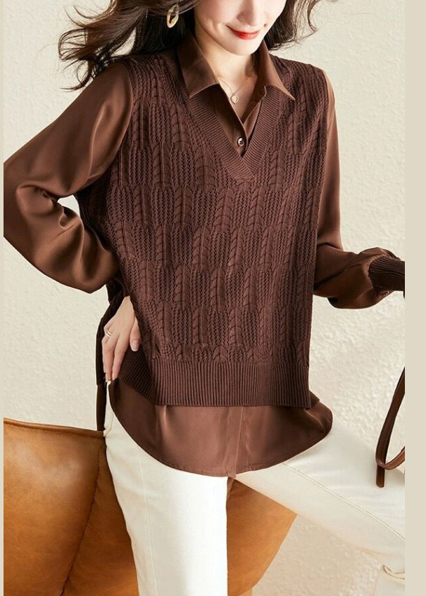 Modern Caramel Peter Pan Collar Patchwork Knit Fake Two Piece Shirts Fall OO045 OM-CS240814