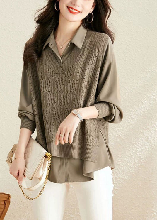 Modern Caramel Peter Pan Collar Patchwork Knit Fake Two Piece Shirts Fall OO045 OM-CS240814