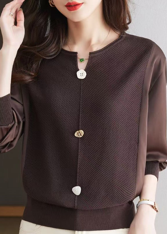 Modern Coffee O Neck Patchwork Knit Top Spring TQ019 ABC