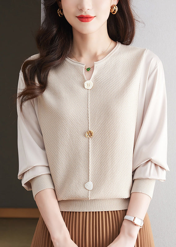 Modern Coffee O Neck Patchwork Knit Top Spring TQ019 ABC