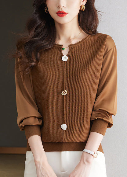 Modern Coffee O Neck Patchwork Knit Top Spring TQ019 ABC