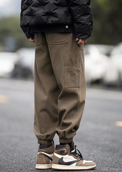 Pants Pockets Spring Elastic Waist Men Coffee Beam Modern FashionChic