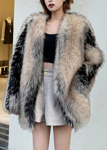 Modern Colorblock Leather And Fur Coats V Neck Winter RD006 ABC