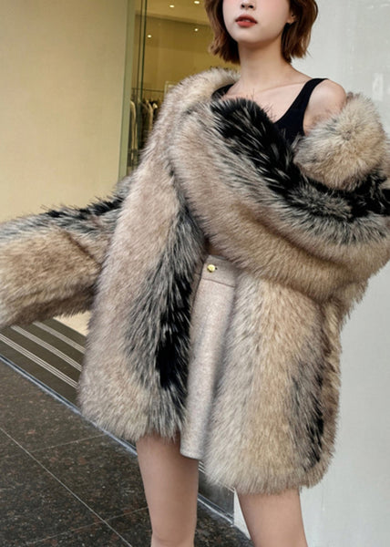 Modern Colorblock Leather And Fur Coats V Neck Winter RD006 ABC