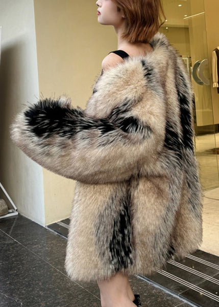 Modern Colorblock Leather And Fur Coats V Neck Winter RD006 ABC