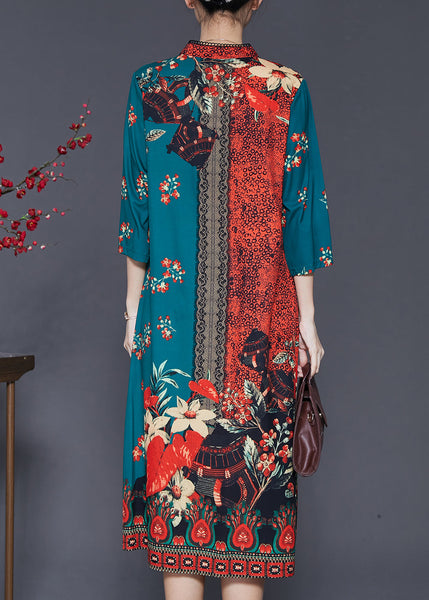 Modern Colorblock Stand Collar Print Silk Dresses Bracelet Sleeve SD1100 Ada Fashion