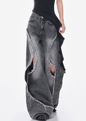Pockets Modern Hole Fall Denim Gray Pants Waist High Dark FashionChic