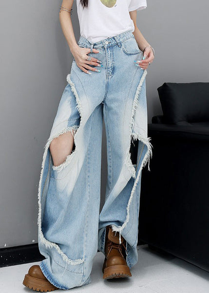 Pockets Modern Hole Fall Denim Gray Pants Waist High Dark FashionChic